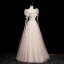 Élégant Rougissant Rose Perlage Faux Diamant Robe De Bal 2023 Princesse Encolure Dégagée Manches Courtes Noeud Dos Nu Longue Robe De Ceremonie