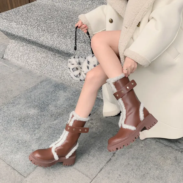 Comfortable Brown Winter Street Wear Womens Boots 2024 Leather 5 cm Block Heels Round Toe Boots