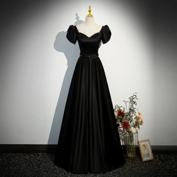 Élégant Noire Satin Robe De Soirée 2023 Princesse Encolure Carrée Manches Courtes Dos Nu Longue Promo Robe De Ceremonie