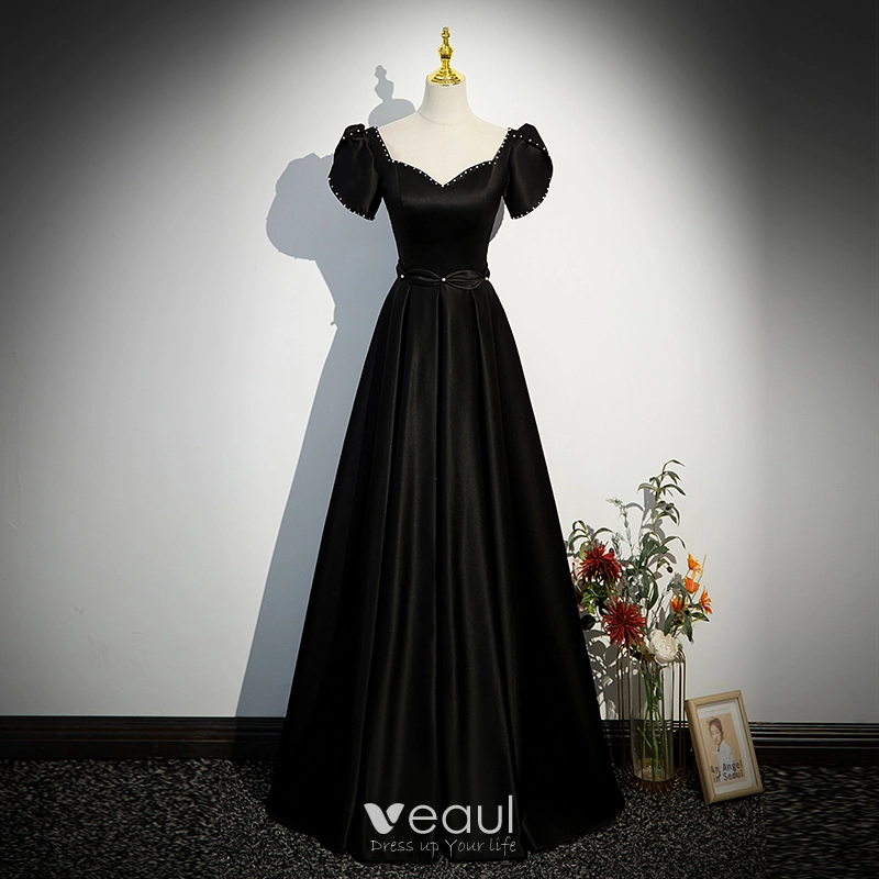 Elegant Black Satin Evening Dresses 2023 A-Line / Princess Square Neckline  Short Sleeve Backless Floor-Length / Long Prom Formal Dresses