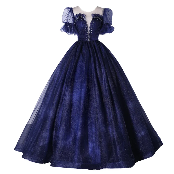 Vintage / Originale Simple Bleu Marine Paillettes Robe De Bal 2022 Robe Boule Encolure Dégagée Manches Courtes Dos Nu Longue Robe De Ceremonie