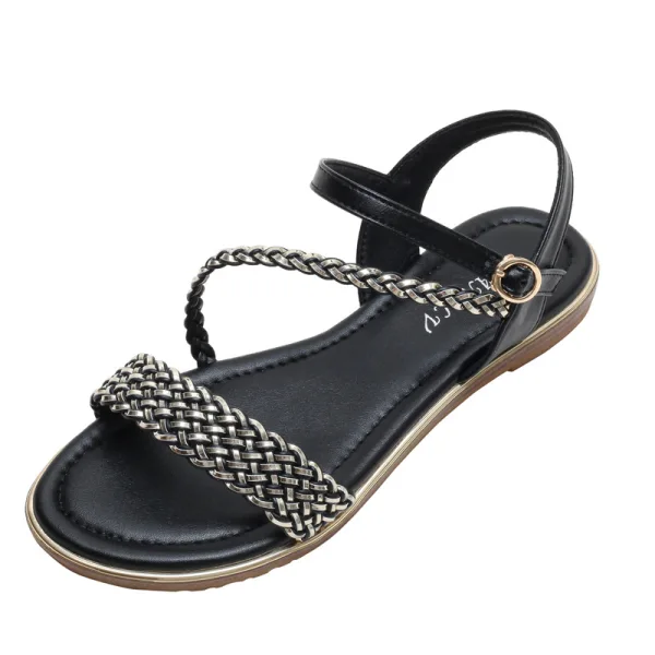 Bruin Comfortabel Strand Vlecht Platte Sandalen Dames 2022 Peep Toe Sandalen