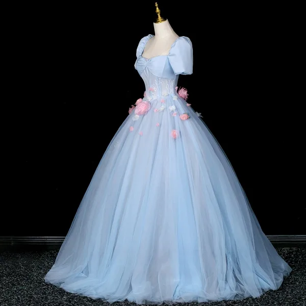 Elegant Sky Blue Appliques Prom Dresses 2025 Ball Gown Square Neckline Puffy Short Sleeve Backless Floor-Length / Long Formal Dresses