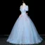 Elegant Sky Blue Appliques Prom Dresses 2025 Ball Gown Square Neckline Puffy Short Sleeve Backless Floor-Length / Long Formal Dresses