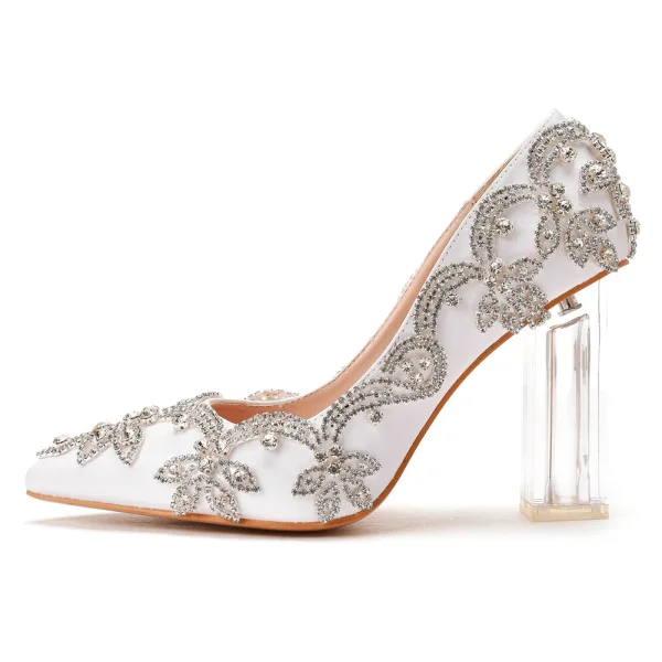 Charmant Blanche Cristal Chaussure De Mariée 2022 9 cm Talons Épais Faux Diamant À Bout Pointu Mariage Escarpins Talons Hauts
