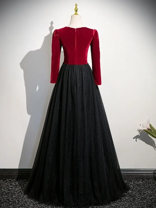 Vintage / Retro Burgundy Beading Velvet Prom Dresses 2025 A-Line / Princess Scoop Neck Long Sleeve Floor-Length / Long Formal Dresses