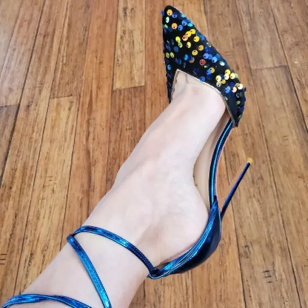 Charming Royal Blue Sequins Evening Party Womens Sandals 2022 12 cm Stiletto Heels Ankle Strap Pointed Toe Womens Shoes High Heels