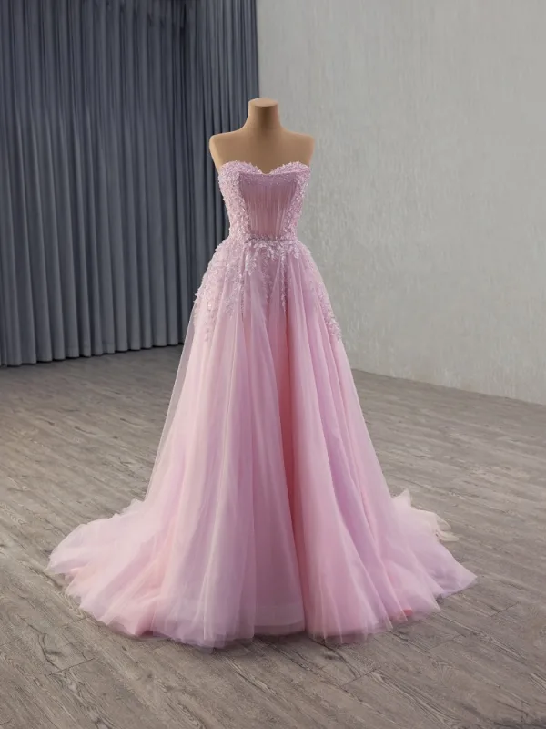 High-end Blushing Pink Appliques Beading Pearl Prom Dresses 2025 A-Line / Princess Strapless Sleeveless Backless Sweep Train Prom Formal Dresses