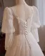 Elegant White Pearl Lace Flower Prom Dresses 2024 Ball Gown V-Neck 3/4 Sleeve Backless Sweep Train Prom Formal Dresses