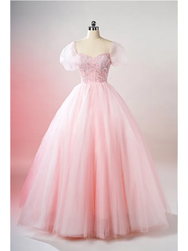 Schöne Rosa Perlenstickerei Perle Pailletten Ballkleider 2025 Ballkleid Eckiger Ausschnitt Kurze Ärmel Rückenfreies Lange Ball Festliche Kleider