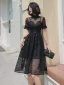 Chic / Beautiful Black Spotted Pierced Party Dresses Cocktail Party 2022 A-Line / Princess High Neck Short Sleeve Floor-Length / Long Formal Dresses