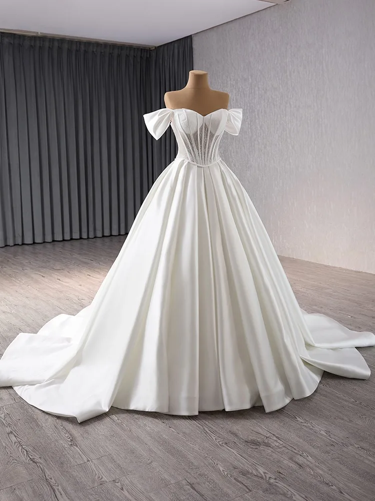 High End Elegant White Lace Satin Wedding Dresses 2024 Ball Gown Off The Shoulder Sleeveless Court Train Prom High End Elegant White Lace Satin Wedding Dresses 2024 Ball Gown Off The Shoulder Sleeveless Court Train Prom
