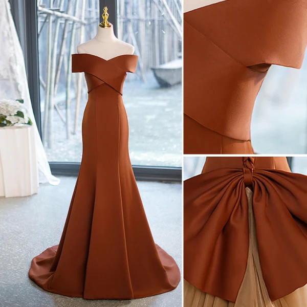 Chic / Belle Marron Organza Satin Robe De Bal 2023 Trompette / Sirène De l'épaule Sans Manches Dos Nu Noeud Train De Balayage Promo Robe De Ceremonie