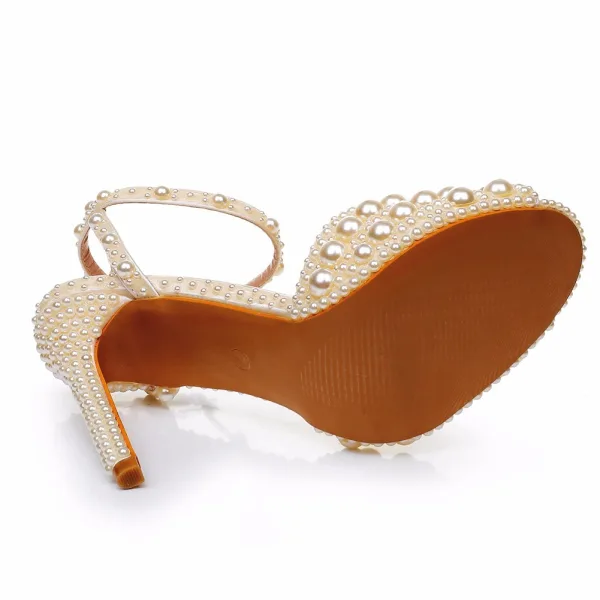 Sexy Champagne Pearl Wedding Shoes 2024 Ankle Strap 10 cm Stiletto Heels Open / Peep Toe Wedding Sandals High Heels