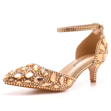 Charmig Guld Afton Kristall Sandaler Dam 2023 Ankelband Rhinestone 5 Cm Stilettklackar Spetsiga Sandaler Högklackade