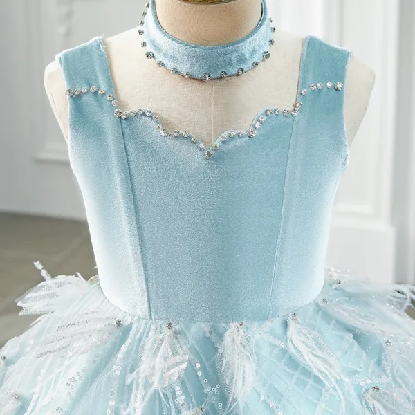 Classy Sky Blue Beading Rhinestone Sequins Birthday Flower Girl Dresses 2024 Ball Gown High Neck Sleeveless Floor-Length / Long Tulle