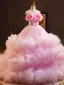 Fashion Candy Pink Cascading Ruffles Appliques Prom Dresses 2024 Ball Gown Strapless Sleeveless Backless Court Train Prom Formal Dresses