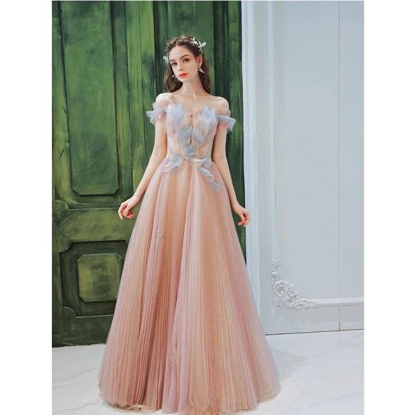 Elegant Blushing Pink Pearl Sequins Pleated Prom Dresses 2022 A-Line / Princess Off-The-Shoulder Short Sleeve Backless Floor-Length / Long Formal Dresses