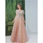 Elegant Blushing Pink Pearl Sequins Pleated Prom Dresses 2022 A-Line / Princess Off-The-Shoulder Short Sleeve Backless Floor-Length / Long Formal Dresses