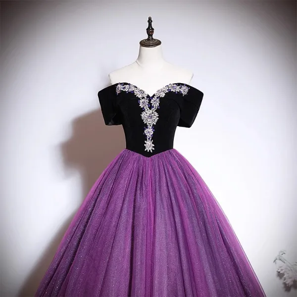 Vintage / Retro Purple Sequins Rhinestone Prom Dresses 2023 Ball Gown Off-The-Shoulder Short Sleeve Backless Floor-Length / Long Prom Formal Dresses