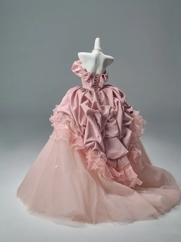 Vintage / Retro Blushing Pink Appliques Cascading Ruffles Prom Dresses 2026 Ball Gown Strapless Sleeveless Backless Floor-Length / Long Formal Dresses