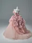 Vintage / Retro Blushing Pink Appliques Cascading Ruffles Prom Dresses 2026 Ball Gown Strapless Sleeveless Backless Floor-Length / Long Formal Dresses