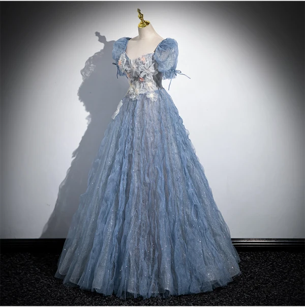 Chic / Beautiful Sky Blue Glitter Appliques Prom Dresses 2024 A-Line / Princess Square Neckline Puffy Short Sleeve Backless Floor-Length / Long Formal Dresses