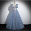 Chic / Beautiful Sky Blue Glitter Appliques Prom Dresses 2024 A-Line / Princess Square Neckline Puffy Short Sleeve Backless Floor-Length / Long Formal Dresses