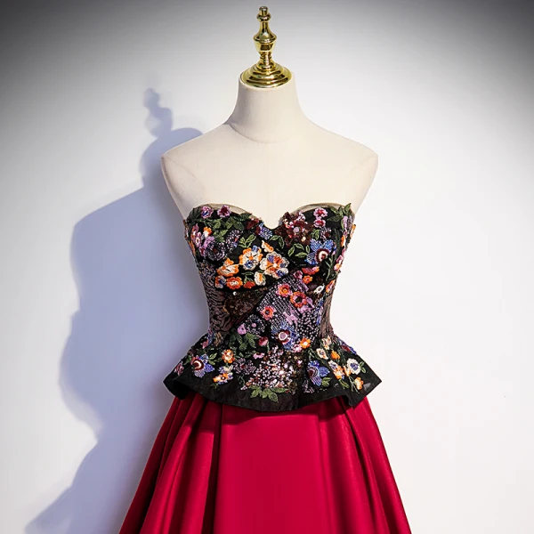 Vintage / Retro Burgundy Lace Flower Sequins Satin Prom Dresses 2023 A-Line / Princess Strapless Sleeveless Backless Floor-Length / Long Formal Dresses