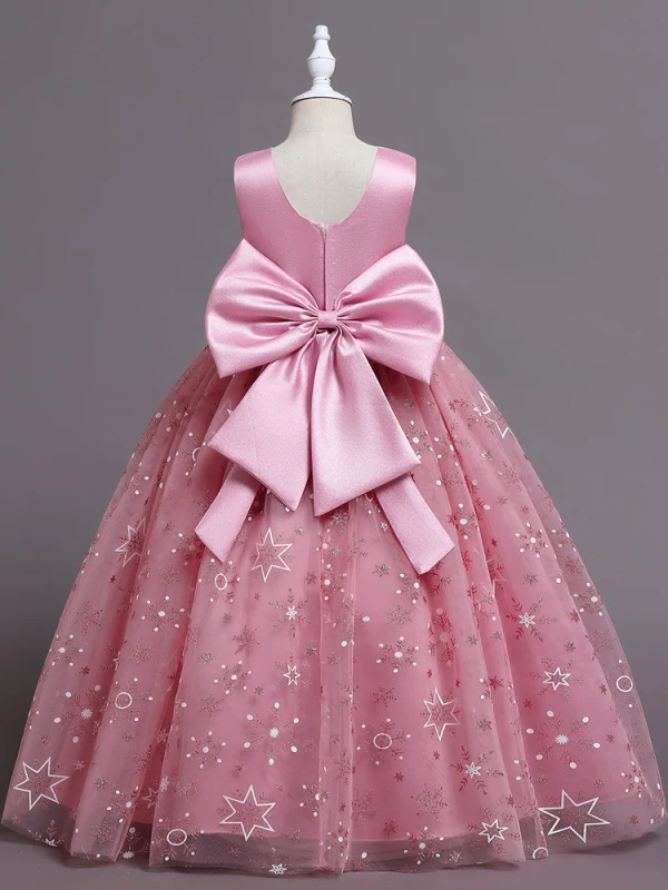 Chic / Belle Rose Bonbon Paillettes Appliques Anniversaire Robe Ceremonie Fille 2024 Robe Boule Encolure Dégagée Sans Manches Dos Nu Noeud Longue