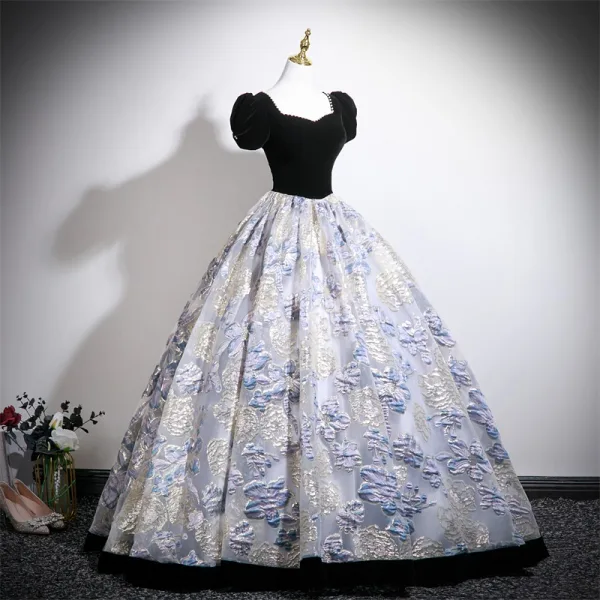 Elegant Black Printing Velvet Prom Dresses 2025 Ball Gown Square Neckline Puffy Short Sleeve Backless Floor-Length / Long Formal Dresses