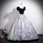 Elegant Black Printing Velvet Prom Dresses 2025 Ball Gown Square Neckline Puffy Short Sleeve Backless Floor-Length / Long Formal Dresses