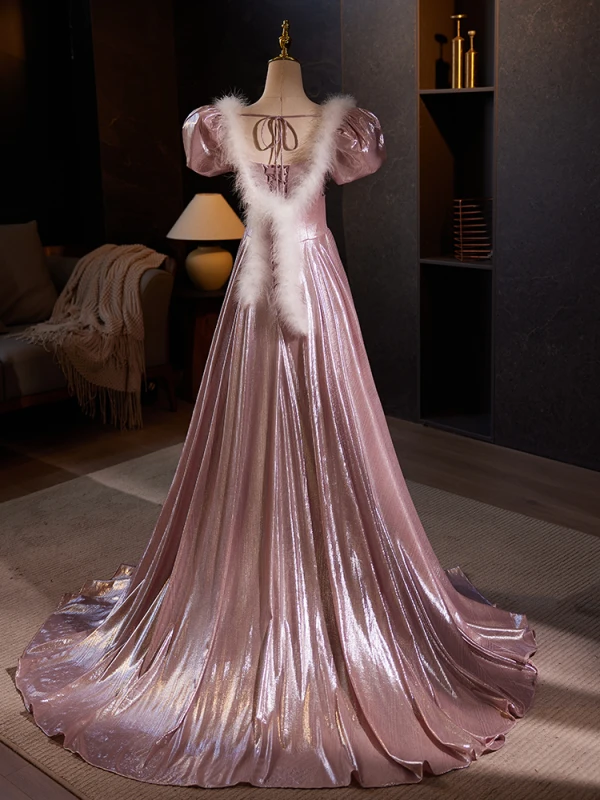 Élégant Rougissant Rose Robe De Bal 2024 Trompette / Sirène Encolure Carrée Gonflée Manches Courtes Dos Nu Train De Balayage Promo Robe De Ceremonie