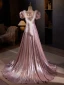 Élégant Rougissant Rose Robe De Bal 2024 Trompette / Sirène Encolure Carrée Gonflée Manches Courtes Dos Nu Train De Balayage Promo Robe De Ceremonie