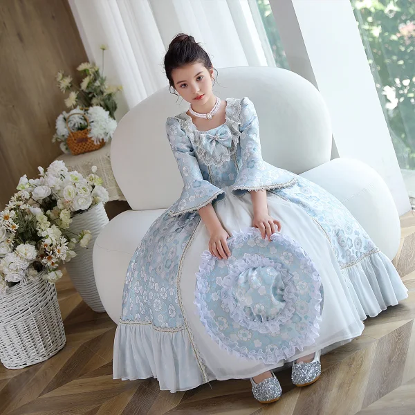 Medieval Vintage / Retro Sky Blue Printing Birthday Flower Girl Dresses 2023 A-Line / Princess Scoop Neck Bow Pearl 3/4 Sleeve Floor-Length / Long Flower Girl Dresses