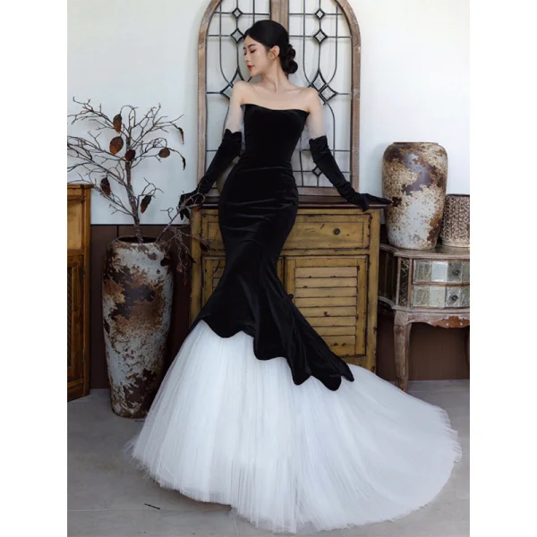 black velvet semi formal dress Sexy Black Velvet Off Shoulder Formal Dress Prom Gown – Mislish main image 0