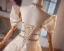 Chic / Beautiful Champagne Rhinestone Prom Dresses 2025 Ball Gown Off-The-Shoulder Short Sleeve Backless Floor-Length / Long Prom Formal Dresses