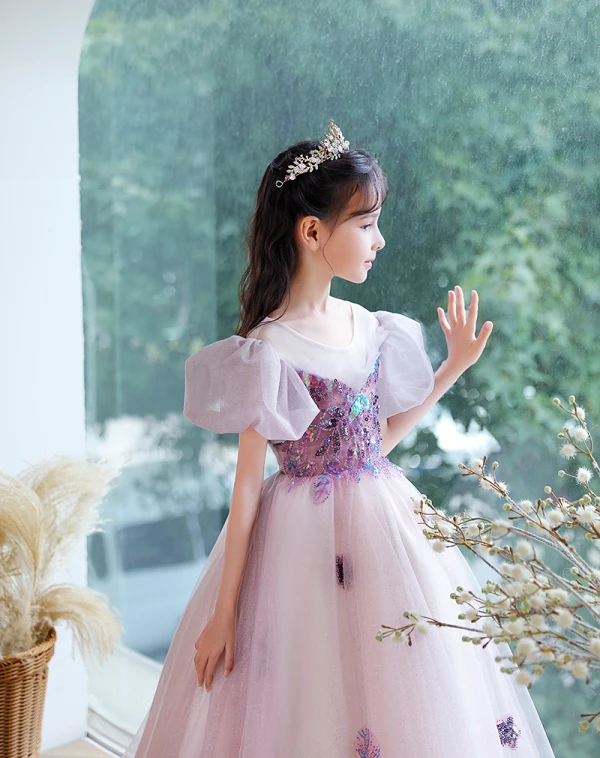 Chic / Beautiful Purple Birthday Flower Girl Dresses 2023 A-Line / Princess Scoop Neck Beading Sequins Puffy Short Sleeve Backless Floor-Length / Long Flower Girl Dresses