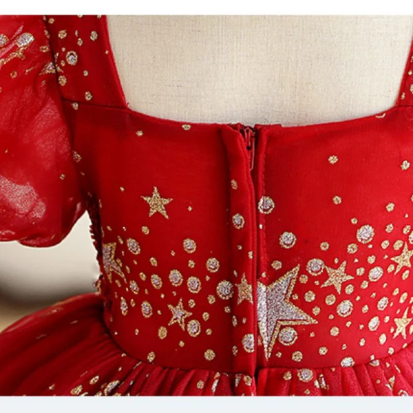 Chic / Beautiful Red Beading Star Sequins Lace Flower Birthday Flower Girl Dresses 2023 Ball Gown Square Neckline Short Sleeve Backless Floor-Length / Long Flower Girl Dresses