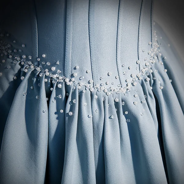 Elegante Himmelblau Perle Satin Ballkleider 2022 A Linie Eckiger Ausschnitt Geschwollenes Kurze Ärmel Rückenfreies Schleife Lange Ball Festliche Kleider