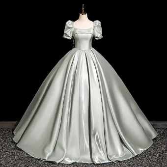 Zurückhaltend Grau Satin Ballkleider 2025 Ballkleid Eckiger Ausschnitt Kurze Ärmel Rückenfreies Schleife Lange Ball Festliche Kleider