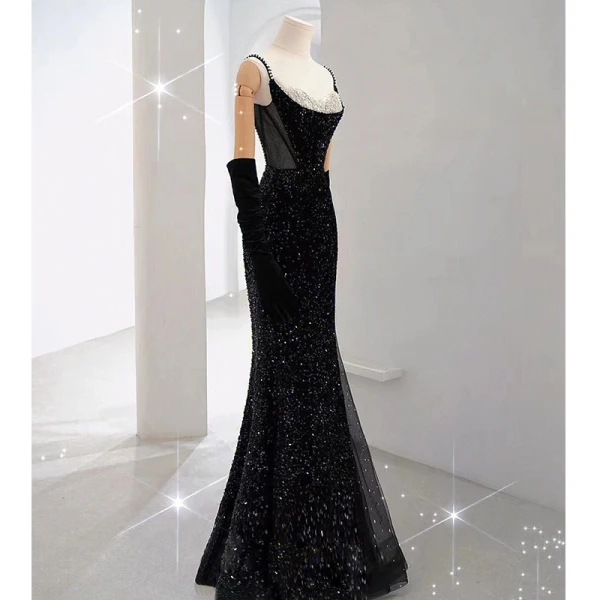 Sexy Black Beading Pearl Sequins Evening Dresses 2023 Trumpet / Mermaid Spaghetti Straps Sleeveless Backless Floor-Length / Long Evening Party Formal Dresses