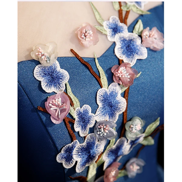 Vintage / Retro Navy Blue Satin Prom Dresses 2023 A-Line / Princess High Neck Lace Flower Appliques Short Sleeve Backless Floor-Length / Long Formal Dresses