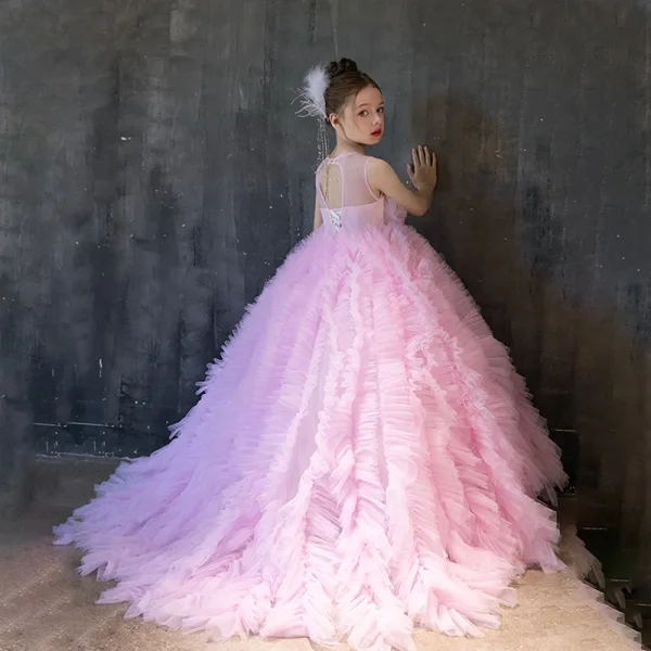 Lovely Candy Pink Cascading Ruffles Birthday Flower Girl Dresses 2025 Ball Gown Scoop Neck Sleeveless Backless Floor-Length / Long