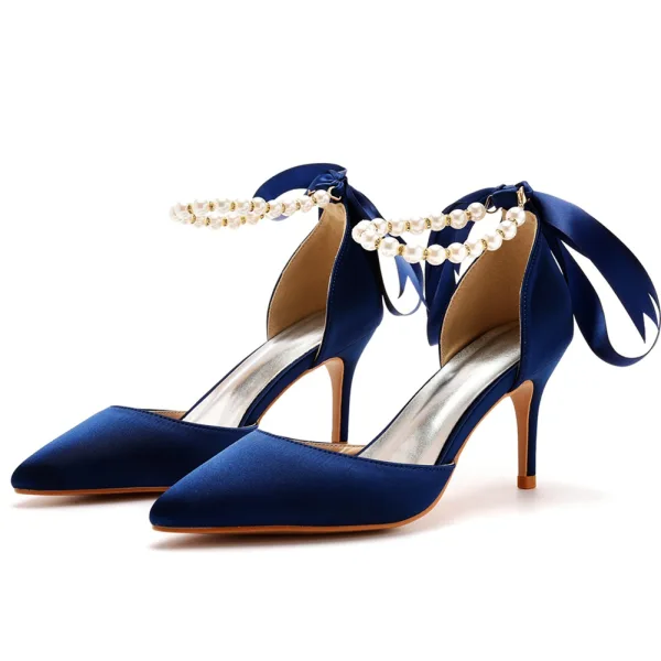 Charmant Noire Soirée Perle Bride Cheville Noeud Sandales Femme 2023 7 cm Talons Aiguilles À Bout Pointu Sandales Talons Hauts