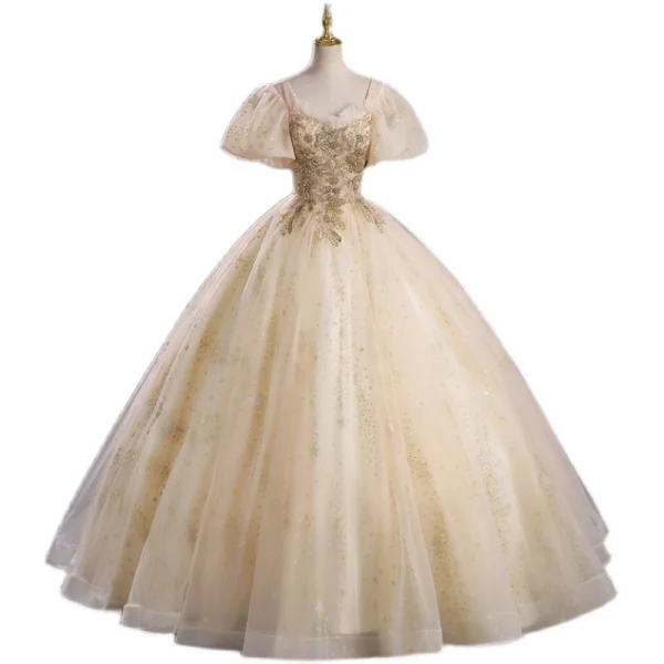 Elegant Champagne Beading Sequins Prom Dresses 2023 Ball Gown Square Neckline Puffy Short Sleeve Backless Floor-Length / Long Prom Formal Dresses