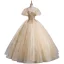 Elegant Champagne Beading Sequins Prom Dresses 2023 Ball Gown Square Neckline Puffy Short Sleeve Backless Floor-Length / Long Prom Formal Dresses