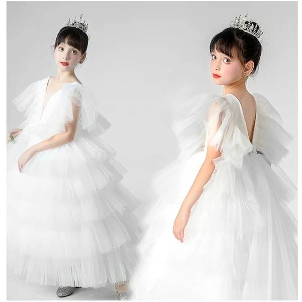 Chic / Belle Vert Cendré Volants en Cascade Anniversaire Robe Ceremonie Fille 2022 Princesse V-Cou Manches Courtes Dos Nu Longue Robe Ceremonie Fille