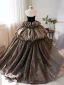 Elegant Black Cascading Ruffles Prom Dresses 2024 Ball Gown Strapless Sleeveless Backless Floor-Length / Long Prom Formal Dresses