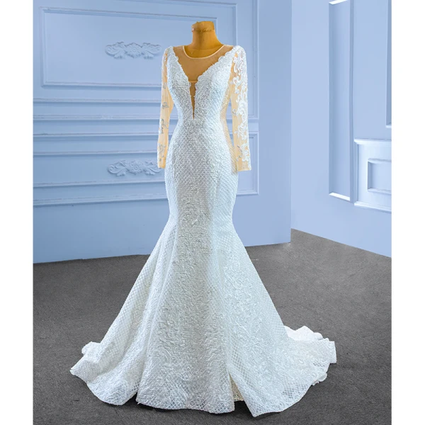 High-end White Beading Sequins Lace Flower Wedding Dresses 2023 Trumpet / Mermaid Scoop Neck Long Sleeve Sweep Train Wedding